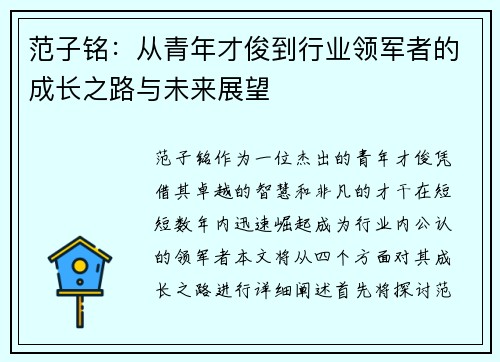 范子铭：从青年才俊到行业领军者的成长之路与未来展望