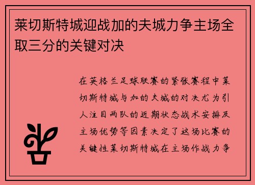 莱切斯特城迎战加的夫城力争主场全取三分的关键对决